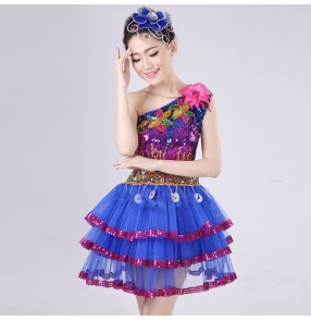 Royal blue rainbow colored sequins one shoulder modern dance women's stage performance cos play jazz singer dance costumes dresses outfits